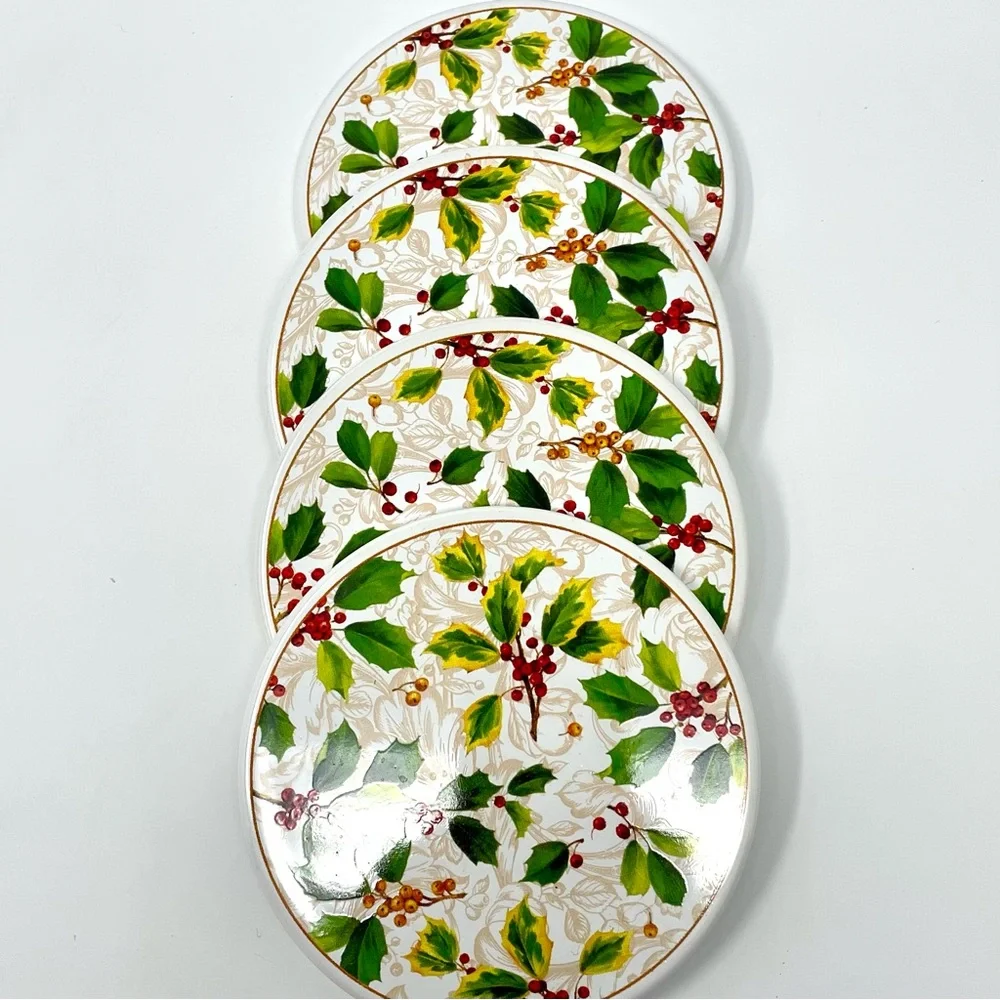 Pamela Gladding for Santa Barbara Ceramic Designs Porcelain Holly Coasters Set 4